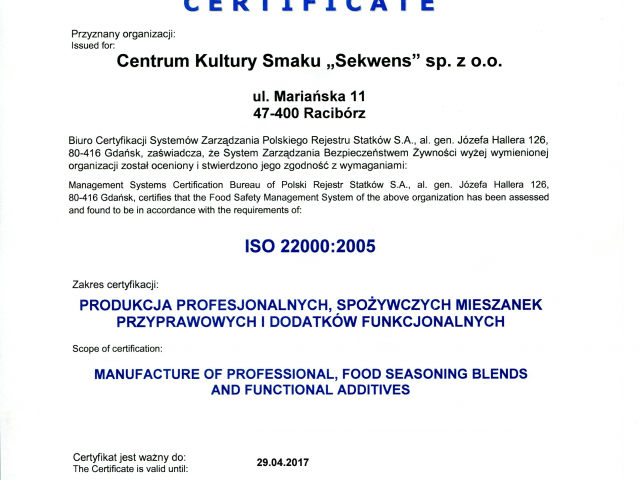 Certyfikat ISO 22000:2005 - 2017